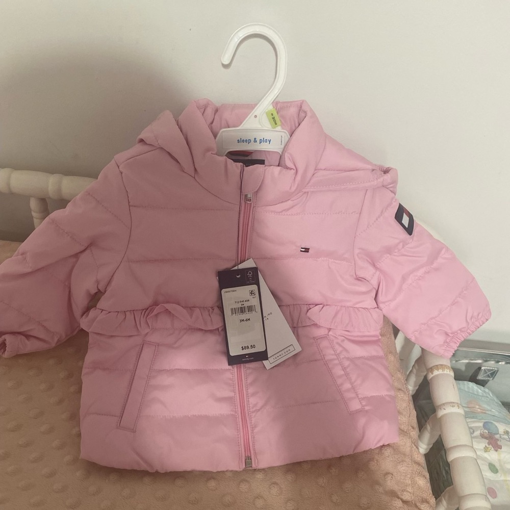 Quilted, hooded pink Tommy Hilfiger coat. 3-6 months.